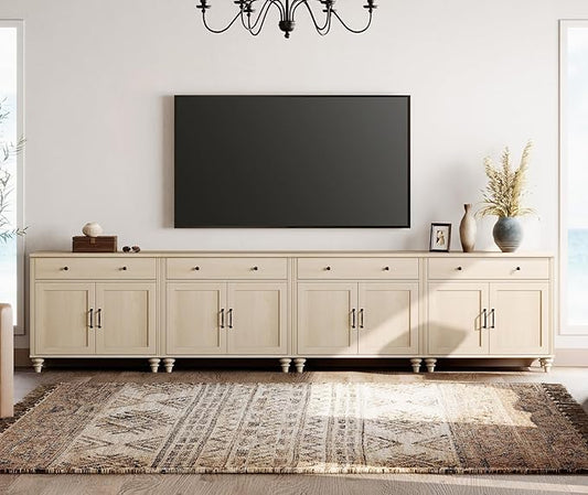 WAMPAT Farmhouse TV Stand for 85 inch TV with 8 Doors and 4 Drawers Wood Universal TV Stand with Large Storage Cabinets Beige Entertainment Center TV Console Table for Living Room Bedroom