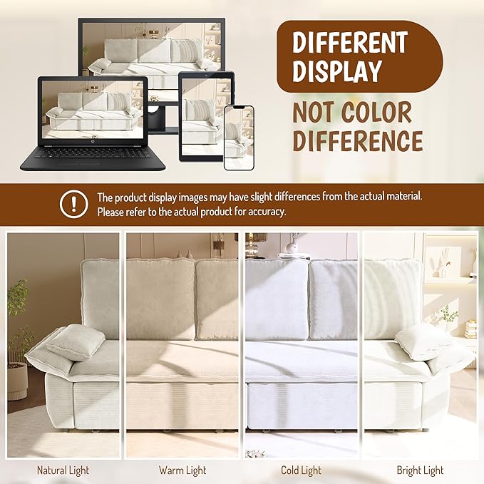 94.5'' Sleeper Sofa Bed King Size Modern Corduroy Pull Out Couch 3-in-1 Convertible Futon Sofa 3 Seater Couches Cloud Recliner Pillow Arm for Living Room Apartment Offices Beige