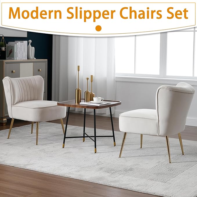 ABET Accent Chairs Set of 2 Velvet Armless Living Room Chairs with Tufted Wingback Thicken Cushion Gold Metal Legs Comfy Upholstered Side Chairs Slipper Chairs Club Chairs for Bedroom Beige