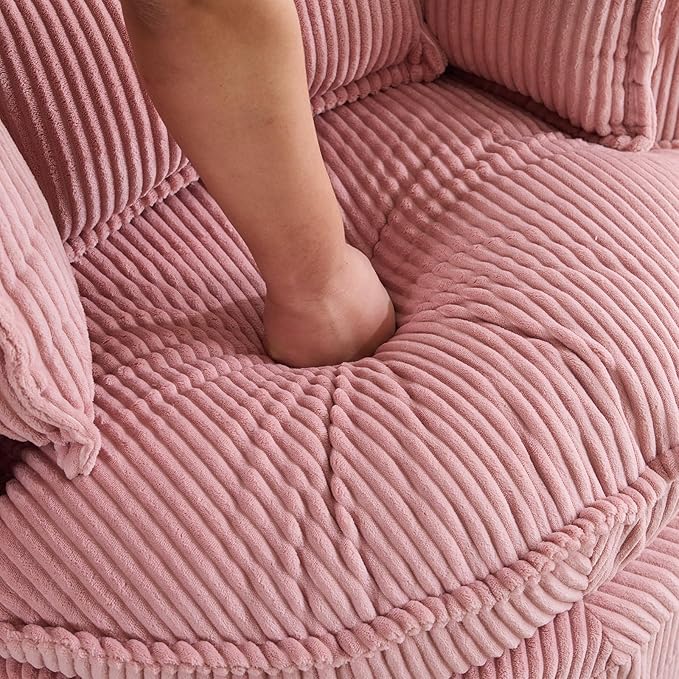 Karl home Swivel Accent Barrel Chair Single Sofa with 3 Pillows 360 Degree Modern Lounge Armchair Chair Comfy Round Reading Chair Corduroy Armchair for Living Room Bedroom Lounge Pink