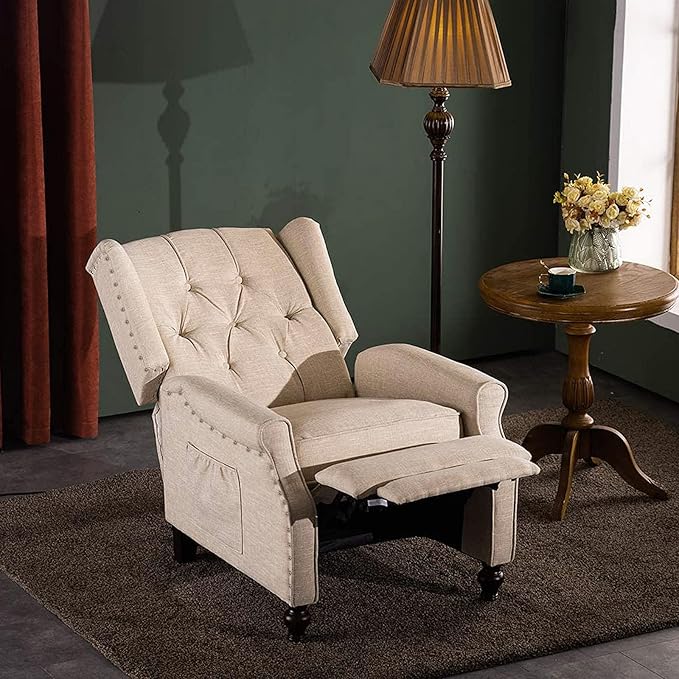 Recliner Wingback Chair - Tufted Armchair - Massage Recliner Chair with Heat - Fabric Push Back Recliner with Remote Control Heating Function Adjustable Backrest (Beige)