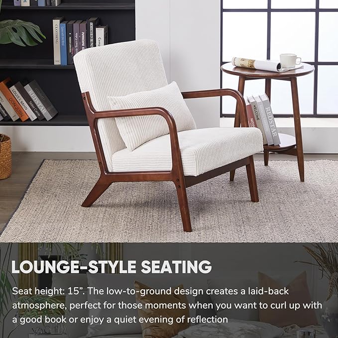 JOYBASE Mid Century Modern Accent Chair Lounge Reading Armchair with Wood Frame for Living Room Office Bedroom (Polyester Fabric Antique Beige)