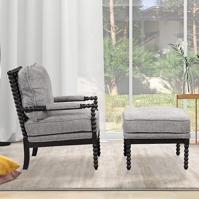 Generic Velvet Accent Lounge Chair with Ottoman Modern Armrests Pad Reading Chair with Footrest for Small Space Living Room Black+Gray