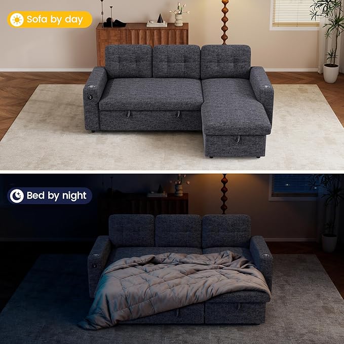 83'' Pull Out Sofa Bed 2 in 1 Convertible Sleeper Sofa Couch with Storage Chaise &amp USB Charging Comfy Linen Modular Couches for Living Room ApartmentDark Grey 1 PCS