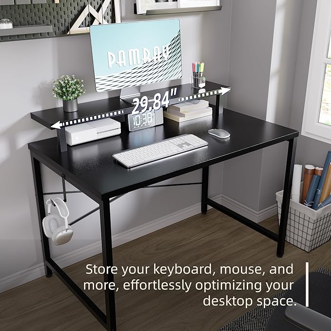 Pamray 32 Inch Small Computer Desk with Monitor Stand Simple Office Desk with Headphone Hook for Small Spaces Kids Study Writing Table for Bedroom Black
