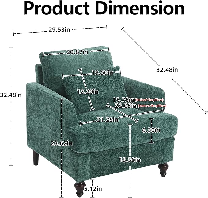 Oversized Accent Chair with Lumbar Pillow Upholstered Side Chairs for Living Room Bedroom Comfy Reading Chairs for Adults with Wide Seat Thick Cushion Soft Chenille (Emerald)