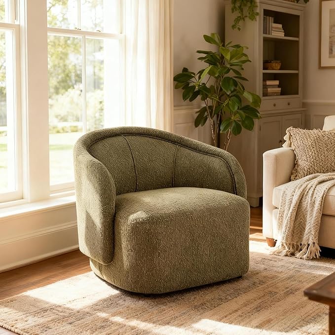 Scott Living Amanda Carly Low Profile Accent Chair Round Backrest Side Chair Living Room Armchair with Boucle Fabric Cushion Comfy Reading Chair for Bedroom Wooden Single Lounge Sofa Dark Green