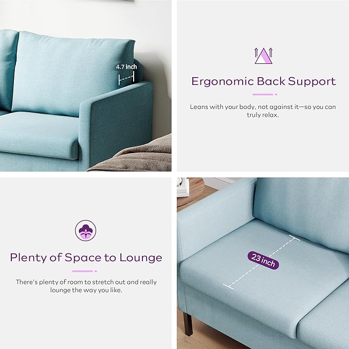 TYBOATLE 51 W Linen Fabric Upholstered Modern Loveseat Sofa Couch for Living Room Love Seats 2-Seater Furniture w/Iron Legs for Compact Space Apartment Bedroom Dorm Office Aqua Blue