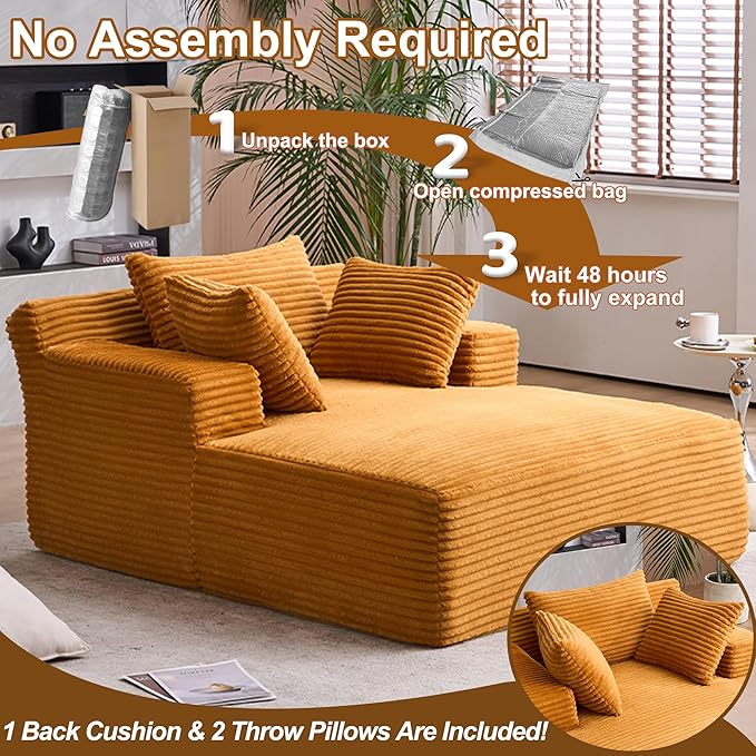 Avenix 66 Boneless Oversized Chaise Lounge Chairs Indoor Boneless Oversized Chaise Lounges Indoor Boneless Oversized Reading Chairs Cloud Sleeper Sofa Couch Bed with 3 Pillows for Living RoomOrange