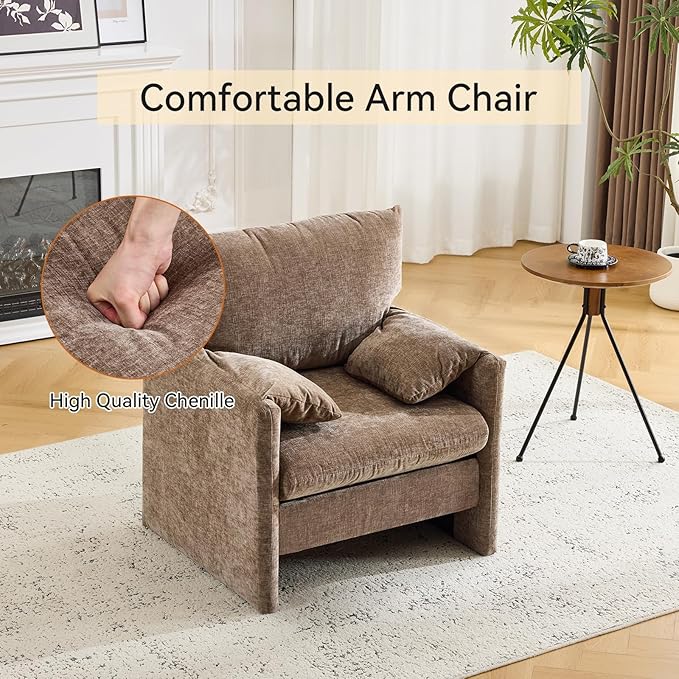 Chenille Oversized Armchair Pillows-top Armrests Accent Chair for Bedroom Living Room Upholstered Chair Sofa Couch Comfy Modern Armchair Single Sofa Chair (Brown 1 Pack)