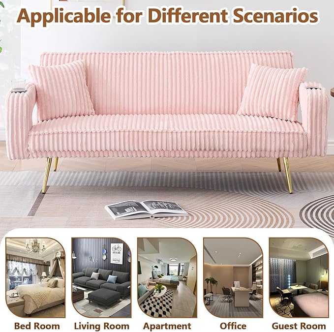 70 Beige Futon Couch Bed Sofa Comfortable Futon Loveseat with Cupholders &amp Arms Convertible Fouton Sofas with Adjustable Backrest &amp Pockets for Small Spaces Living Room Bedroom Dorm (Pink)