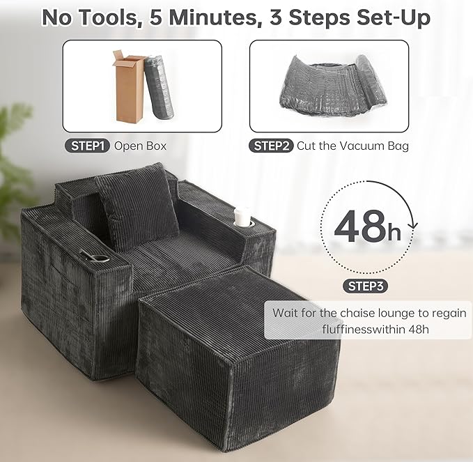 Cloud Single SofaComfy Lounge Chair with Elevated Seat Height Cup Holder &amp Side PocketNo Assembly Required Foam Couch for Small Space Bedroom Office Apartment (Grey with Ottoman)