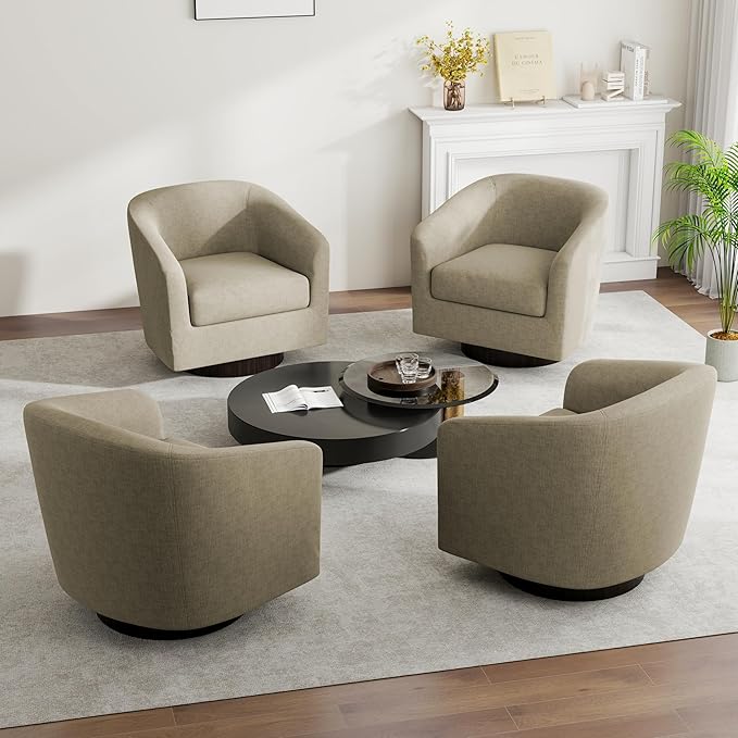 Swivel Barrel Accent Chair Modern Round Linen Arm Chair for Living Room Bedroom Comfy Club Reading Chairs for Adults（Linen Fabric Light Brown Set of 4