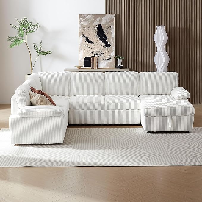 KEIKI 118 L-Shaped Oversized Modular Corduroy Sectional Sofa with Right Chaise Lounge Pull-Out Bed Upholstered Convertible 4-Seater Couch with Storage Seat Easy Assembly for Living Room Beige