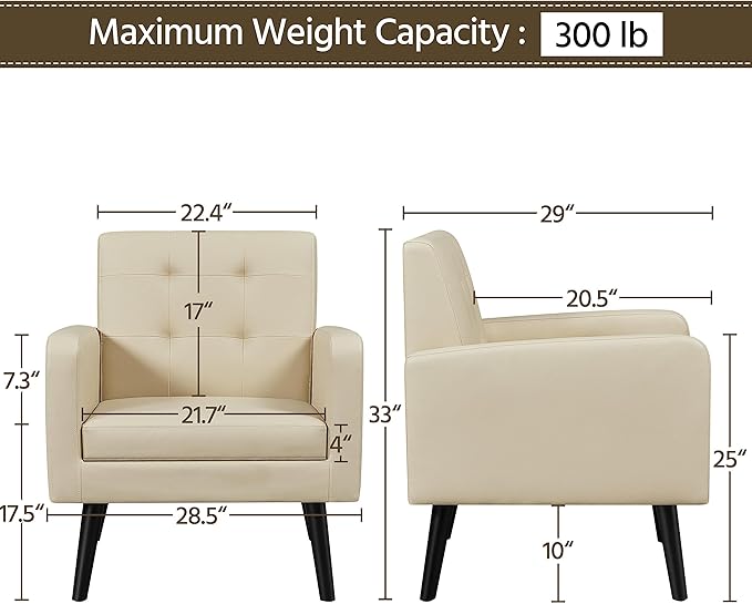 Topeakmart Mid Century Accent Chair Modern and Cozy PU Leather Barrel Sofa Chair with Thick Cushion and Sturdy Wood Legs for Living Room/Bed Room/Office Waiting Area Beige