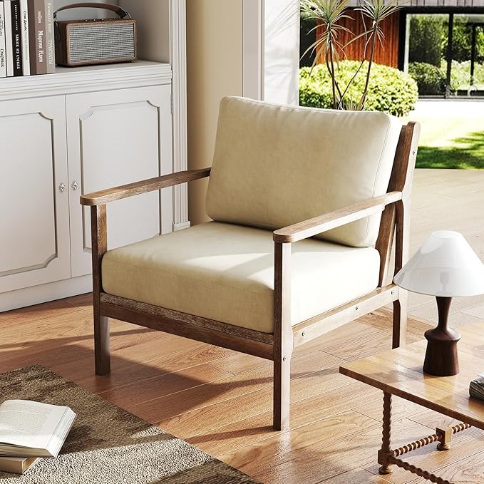 Giantex Mid Century Modern Accent Chair Set of 2 Wooden Arm Chair w/Solid Wood Frame Removable Seat Cushion &amp Pillow Vintage Comfy Reading Chair for Living Room Bedroom Study