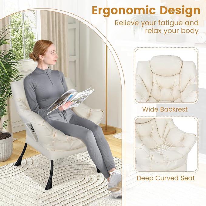 Single Lazy Sofa Chair Modern Lounge Chair Indoor w/Armrests &amp Side Storage Pocket Upholstered Comfy Reading Chair for Bedroom Living Room Office