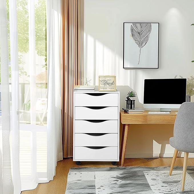 QDSSDECO 5 Drawer Chest Wood File Cabinet Rolling Storage Dresser with Wheels for Home Office White