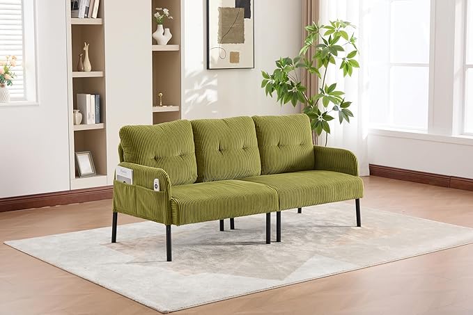 KEIKI 67 Corduroy Loveseat Sofa with Double Side Pockets &amp High Resilience Cushion Modern Style Upholstery Oversized 2-Seater Couch with Metal Legs Easy Assembly for Living Room Green