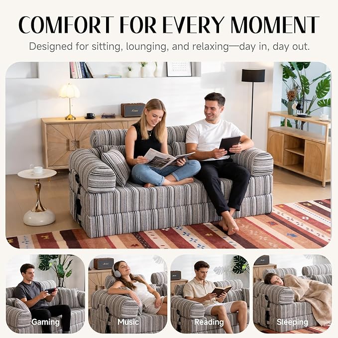 79 Corduroy Sofa Bed Sleeper Couch 6-in-1 Convertible Boneless Floor Futon Loveseat High-Density Foam Couch in a Box with 2 Headrest Pillows No Assembly Black and White
