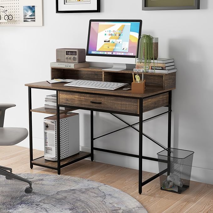 Giantex Computer Desk with Monitor Shelf 48 Home Office Writing Desk with Drawer Storage Shelves CPU Stand Study Desk Table Workstation for Bedrooms Rustic Brown