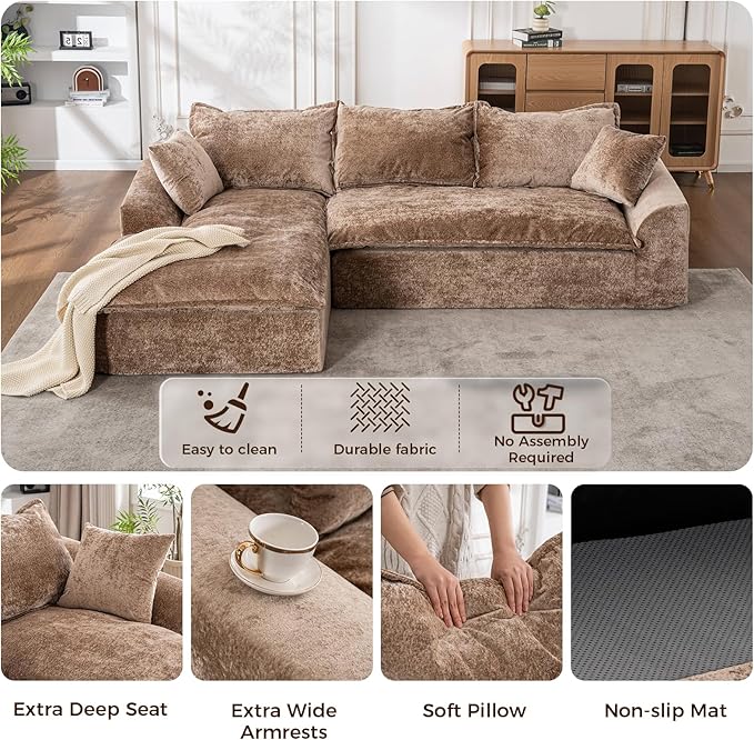 103”Modular Sectional SofaUpholstered Boneless Couch for Living Room BedroomModern Modular L-Shaped Chaise CouchCloud Sectional Sofa with Deep Seat (BrownLeft Facing Chaise)