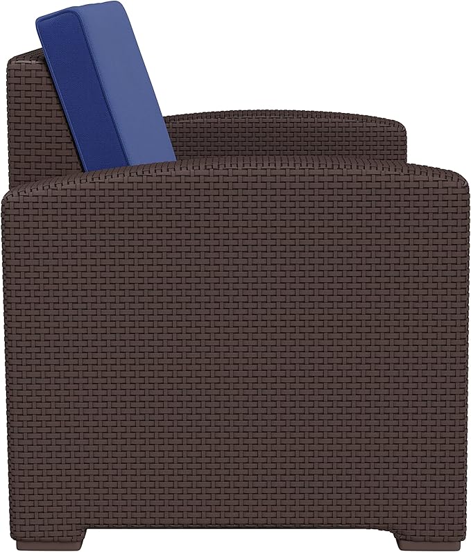 Flash Furniture Seneca Chocolate Brown Faux Rattan Loveseat with All-Weather Navy Cushions