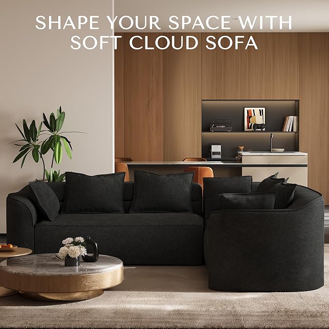 OUYESSIR 111 Oversized Sectional Sofa for Living Room Modern Luxury Chenille 4-Seater Couch Extra Deep Seat L-Shape Curved Cloud Couch with 7 Throw Pillows Black