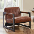 Art Leon Genuine Leather Accent Chair Mid Century Modern Arm Chair with Black Metal Frame Single Sofa Chair for Living Room Bedroom Red Brown