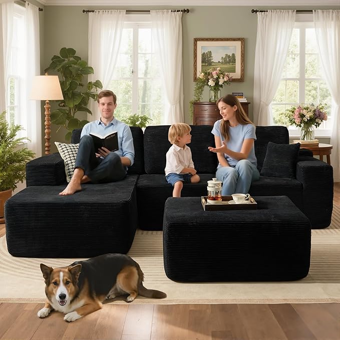 106 Cloud Sectional Couch with L-Shape Chaise &amp Ottoman No Assembly Modular Sofa Deep Seat Corduroy Boneless Couched for Living Room (Black Stripe Corduroy L Shape with Ottoman-Left Facing)