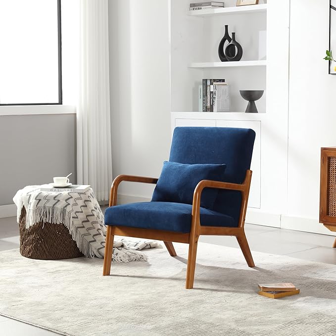 Modern Accent Chair Solid Wood Padding Lounge Armchairs with One Pillow for Living Room Bedroom Guest Room (Navy)