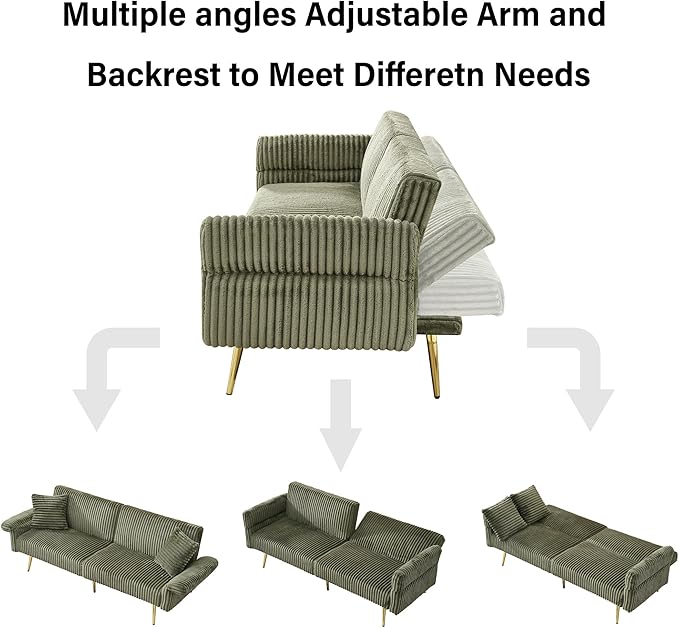 73 Convertible Futon Sofa BedComfy Teddy Fabric Sleeper Couch with 3 Reclining BackrestsGolden Chrome LegsModern Cloud Sofa Loveseat for Small Living Room Office (Green-Corduroy)