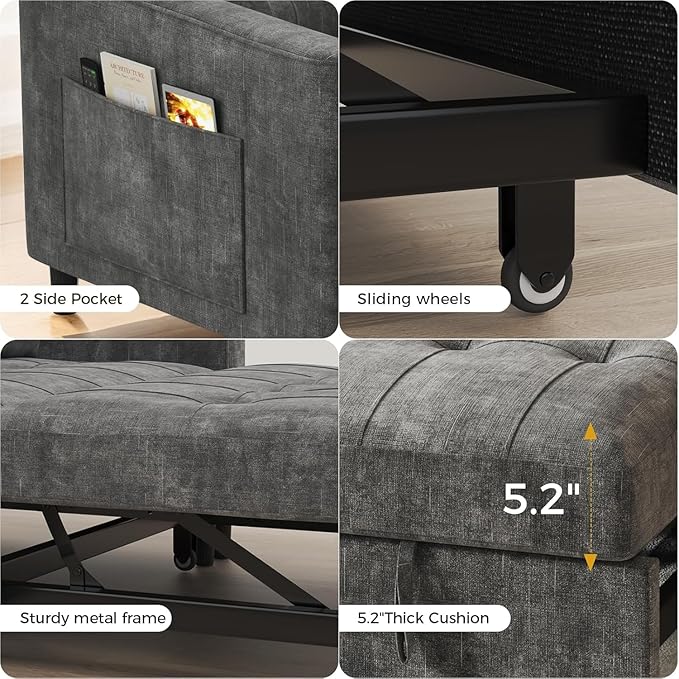 KKL 3 in 1 Convertible Sleeper Sofa Bed Pull Out Couch Bed with Adjustable Backrest Chenille Loveseat Couches with Side PocketFuton Sofa Beds Couch for Living Room Bedroom(Dark Grey)
