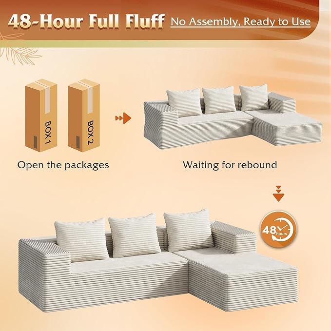 WLIVE 104'' Cloud Sectional Couches for Living Room Modular Boneless Couch with Left Facing Chaise L Shape Memory Foam Corduroy with Cushion Beige