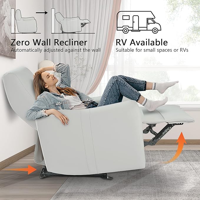 Wall Hugger Recliners for Small Spaces Zero Wall Power Recliner on ClearanceFaux Leather RV Recliner Leather Single SofaHome Theater Seating for Living Room w/USB Ports (Light-Gray)