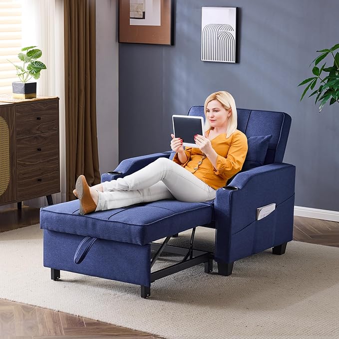 VINGLI Navy Blue Sleeper Chair Bed 3-in-1 Convertible Futon Sofa Bed Pull Out Couch Bed Adjustable Recliner Chair with USB Ports Cup Holders Side Pockets for Living Room Bedroom Small Spaces