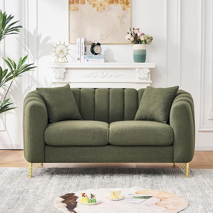 Green Cloud Sofa Set 2 Piece Living Room Furniture Modern Comfy Overstuffed Deep Seat Curved Sofas with Gold Legs &amp Pillows Foam Upholstered Teddy Loveseat with Round Arm (Green Couch and Lovese