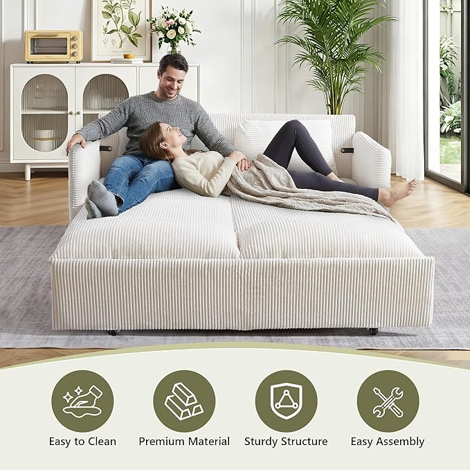 Queen Size Pull Out Couch Sleeper Sofa Bed Queen with USB Storage Pockets &amp Pillows 3-in-1 Modern Convertible Loveseat Couch Bed for Living Room Bedroom Office Apartment Corduroy(Beige)