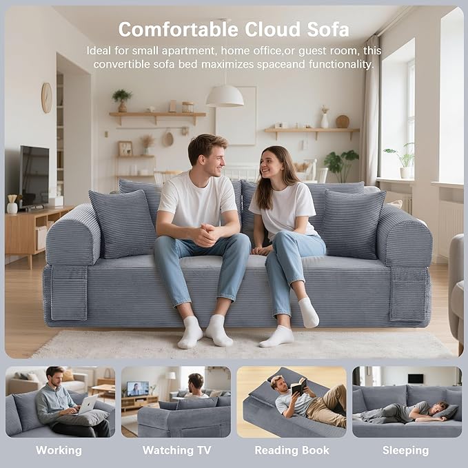 83 Modern Sofa in a Box No Assembly Oversized 3 Seater 28 Deep Seat Cloud Sofa Bed Couch with 4 Furry Pillows &amp Corduroy Fabric Boneless Couch with Side Storage Pockets for Living Room Dark G