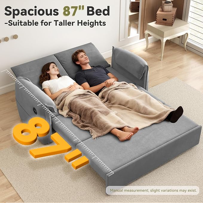 3-in-1 Convertible Sleeper Sofa Bed 62.9 W x 87 L Couch with Pull Out Bed with 6-Position BackrestHidden Storage &amp USB for Living RoomLight Grey