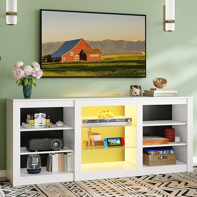 WLIVE Modern TV Stand for 65 Inch TV Entertainment Center with Adjustable Open Shelves &amp RGB LED Lights Sturdy Media Console for Living Room BedroomGaming (White)
