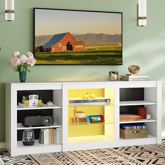 WLIVE Modern TV Stand for 65 Inch TV Entertainment Center with Adjustable Open Shelves &amp RGB LED Lights Sturdy Media Console for Living Room BedroomGaming (White)