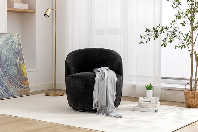 Stylish Chenille Swivel Accent Chair Black 360 Degree Rotation Barrel Chair for Living Room