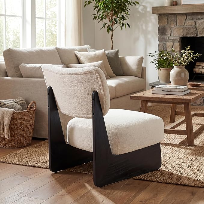 Beige Furry Living Room Chairs Set of 2 Cozy Upholstered Armless Accent Chair for Bedroom Black Wood Frame Vintage Modern Lounge Reading Chair for Apartment Waiting Room Office Beige
