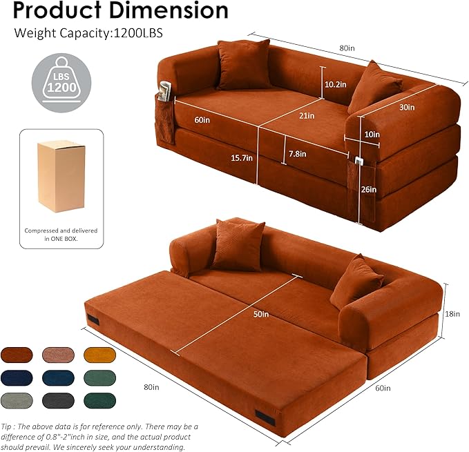 80 Convertible Sofa Bed 3-in-1 Corduroy Folding Pull Out Couch with Pillows No Assembly Modern Boneless Couch Compression Sofa in Box Floor Sofa with Side Storage Pocket for Living Room Orange