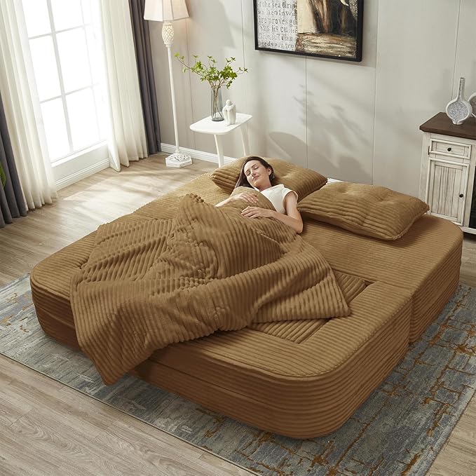 80 W Convertible Folding Sofa Bed Corduroy Futon Loveseat Sleeper Couch Bed with Blanket Full Size Compression Foam Floor Couch Boneless Foldable Mattress for Living Room Bedroom Camel