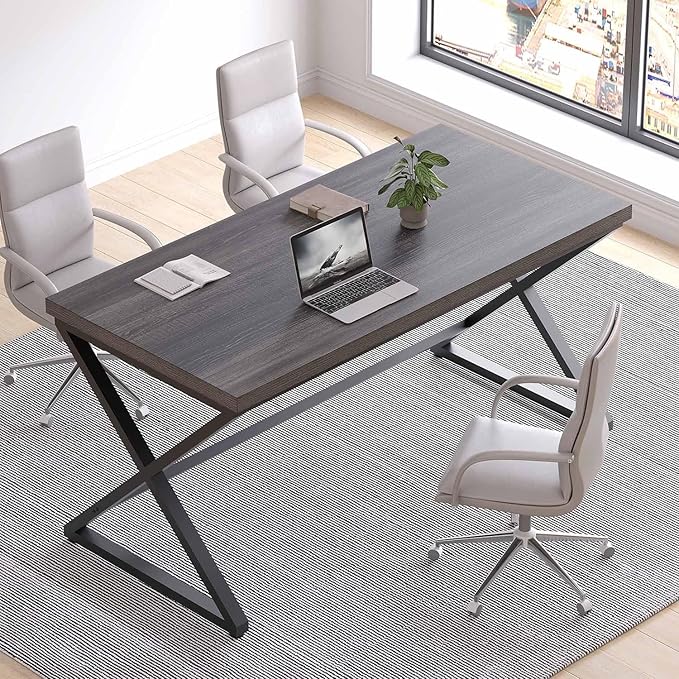 IBF Grey Home Office Desk Modern Computer Desk for Writing Study Wood Metal Rustic Pc Gaming Executive Work Desk Industrial Workstation Computer Table in Bedroom Dark Gray Oak 55 Inch