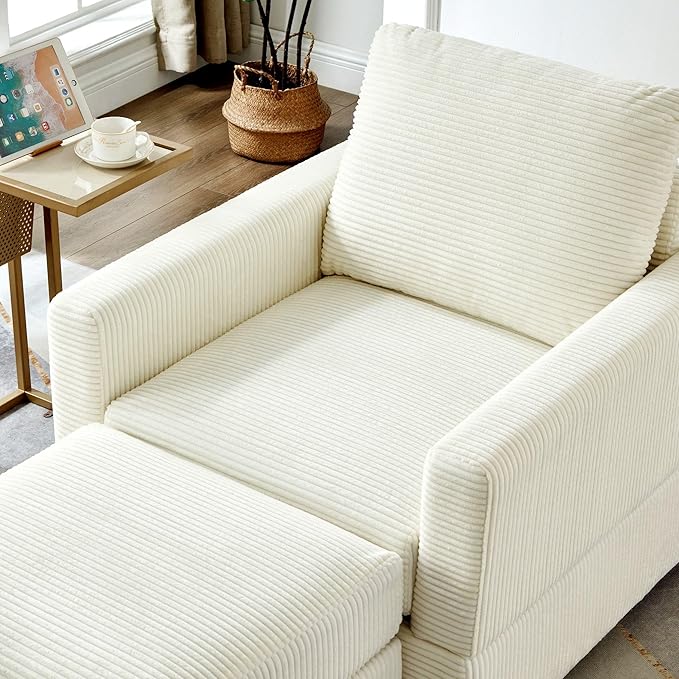 GDFStudio 32 Single Seat Sofa Couch Corduroy Comfy Deep Seat Sofa Sleeper Sofa Bed Chaise Couch Chair with Ottoman Removable Footrest Oversized Armchair for Living Room Beige
