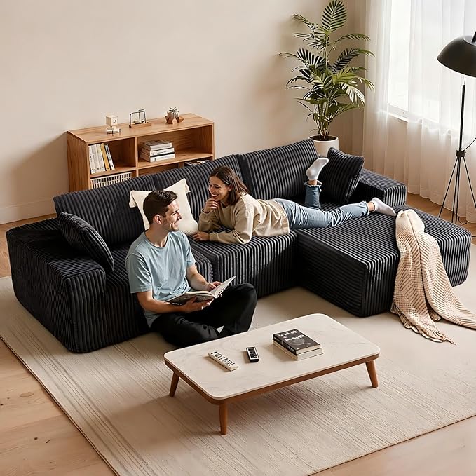 Apicizon 113 Boneless Sectional Sofa Couch for Living Room L-Shape Modular Boneless Sectional Couches Sofa Bed with Chaise Longue for ApartmentNo Assembly Required (Stripe Corduroy Gray)