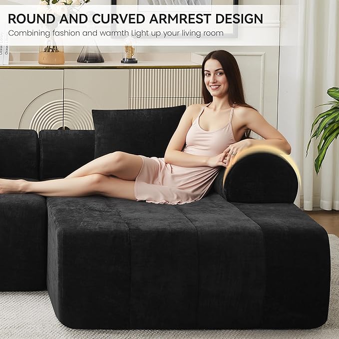 119'' Boneless Curved Sectional Couch Cloud Deep Seat L Shaped Sofa with Right Chaise LoungeModular Compression Couch for Living Room No AssemblyBlack